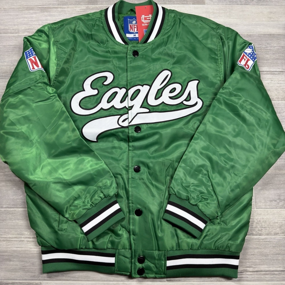 Philadelphia Eagles Kelly Green Fly Satin Bomber Varsity Jacket Men's Medium New